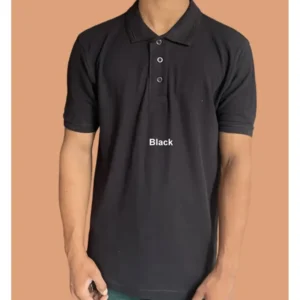 Black cotton polo shirt on model